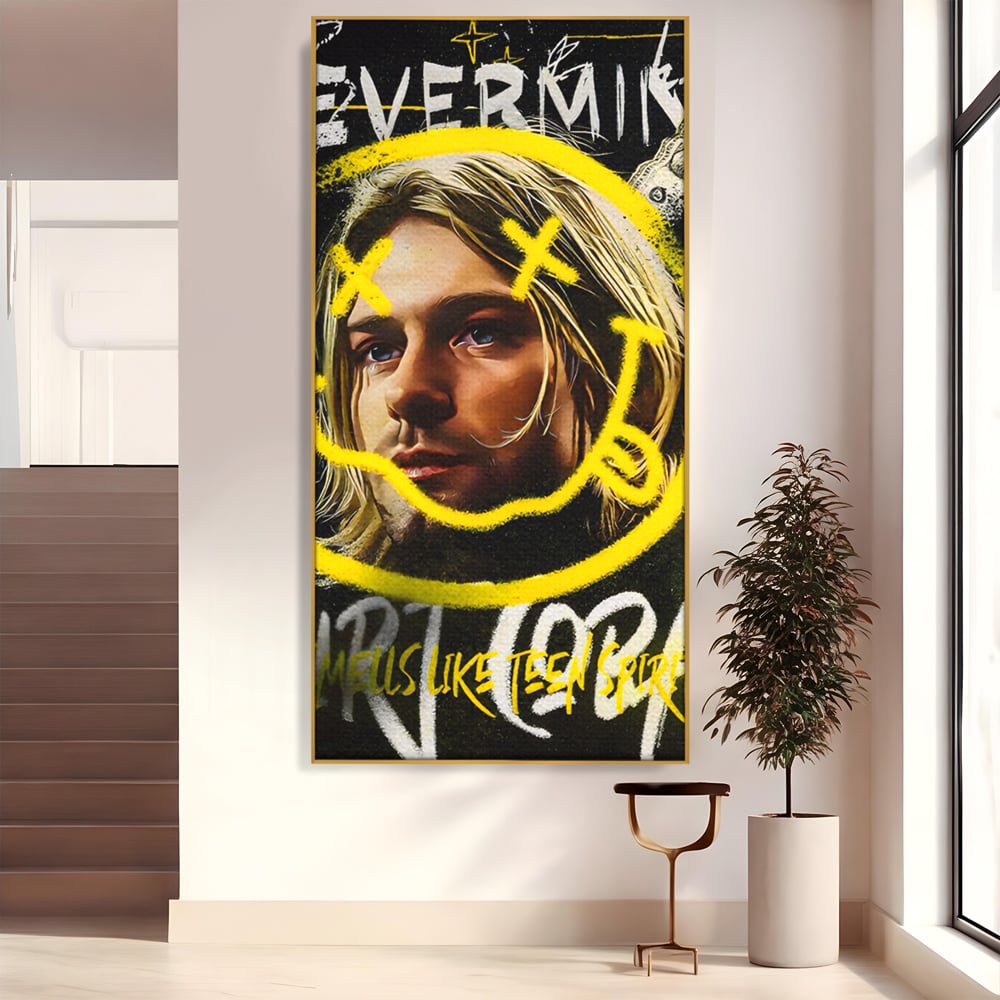 Tablou canvas cu tablou canvas cu portretul lui kurt cobain, in rama de aluminiu auriu